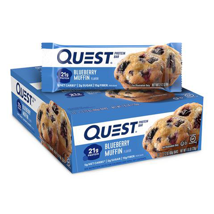 Blue Quest Nutrition Bar with Blueberry Muffin flavor, a tasty nutrition bar option