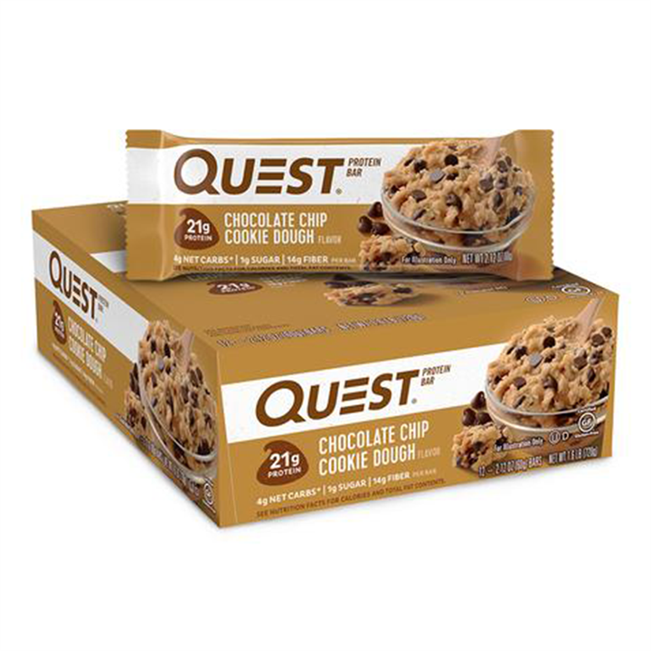 Quest Nutrition Bar box with one Chocolate Chip Cookie Dough protein bar on top