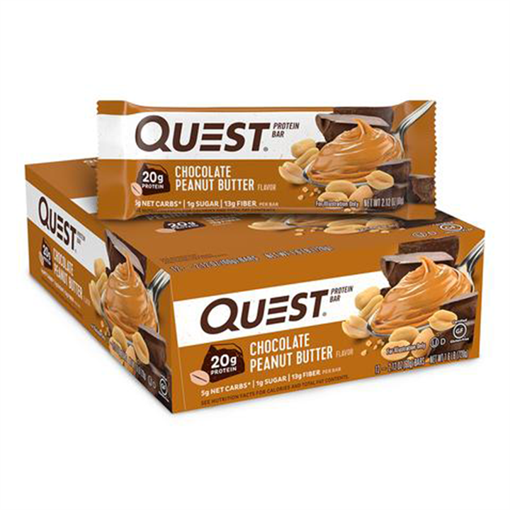 Quest Nutrition Bar with a Chocolate Peanut Butter nutrition bar on top, perfect snack