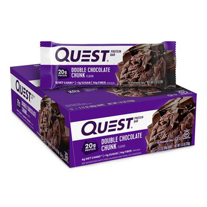 A Quest Nutrition Bar box with a Double Chocolate Chunk nutrition bar on top