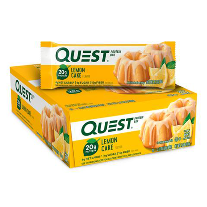 Quest Nutrition Bar box with Lemon Cake protein bar on top, tasty nutrition bar
