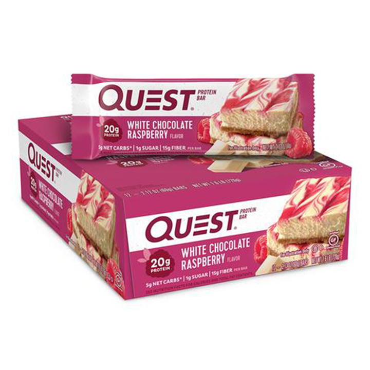 Box of Quest White Chocolate Raspberry protein bars, a tasty Quest Nutrition bar option
