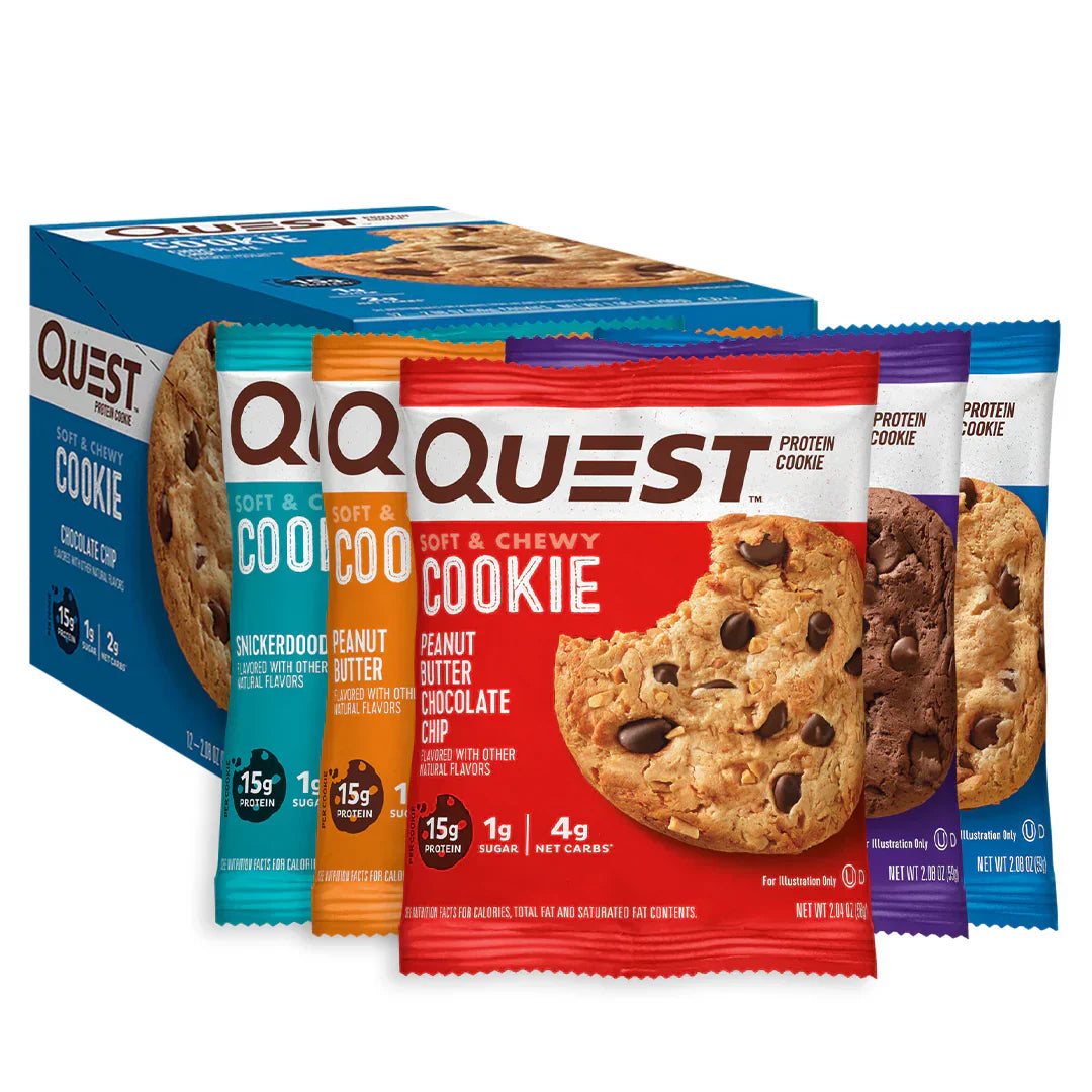 Variety pack of Quest Nutrition Cookies with chewy white chocolate and white chocolate macadamia