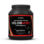Black Strom Sports VelosiWhey tub with Cherry Bakewell flavor for muscle gains