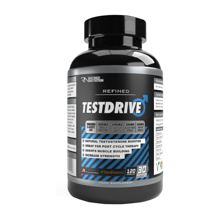 Black bottle of Refined Nutrition Testdrive herbal supplement for natural testosterone boost