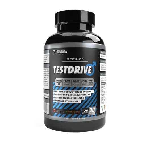 Black bottle of Refined Nutrition Testdrive herbal supplement for natural testosterone boost
