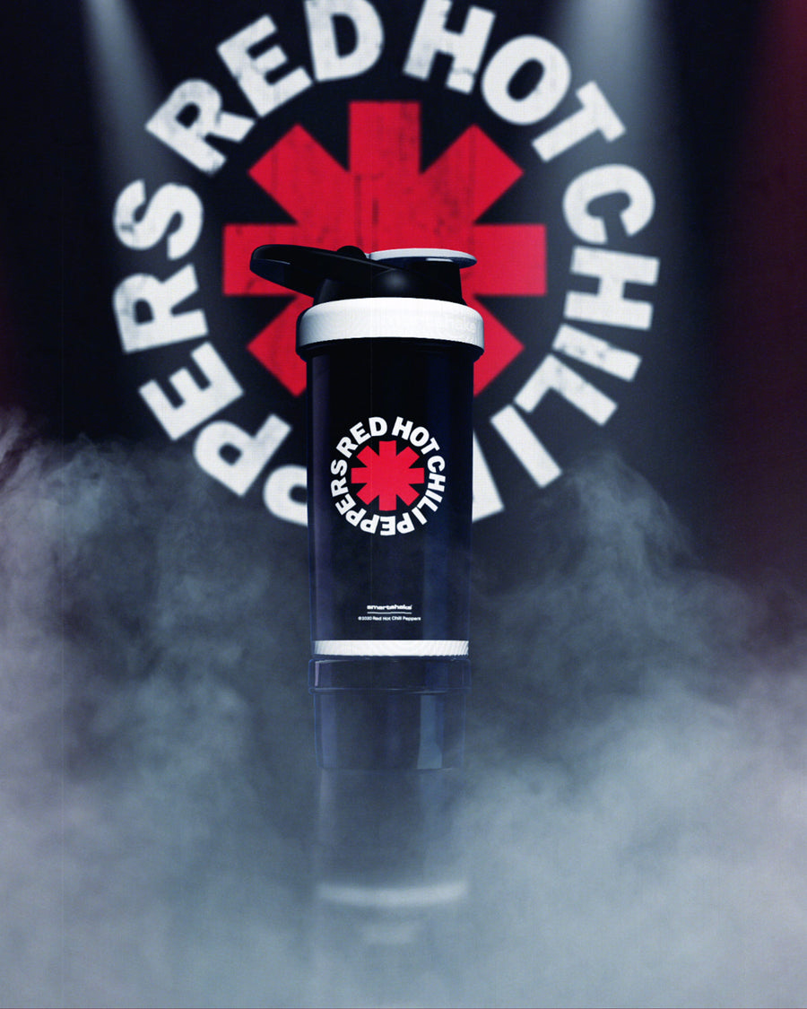 Black SmartShake Revive water bottle with flip-top lid and Chilli Peppers logo