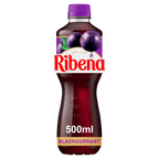 Ribena blackcurrant juice bottle with purple cap on a white background