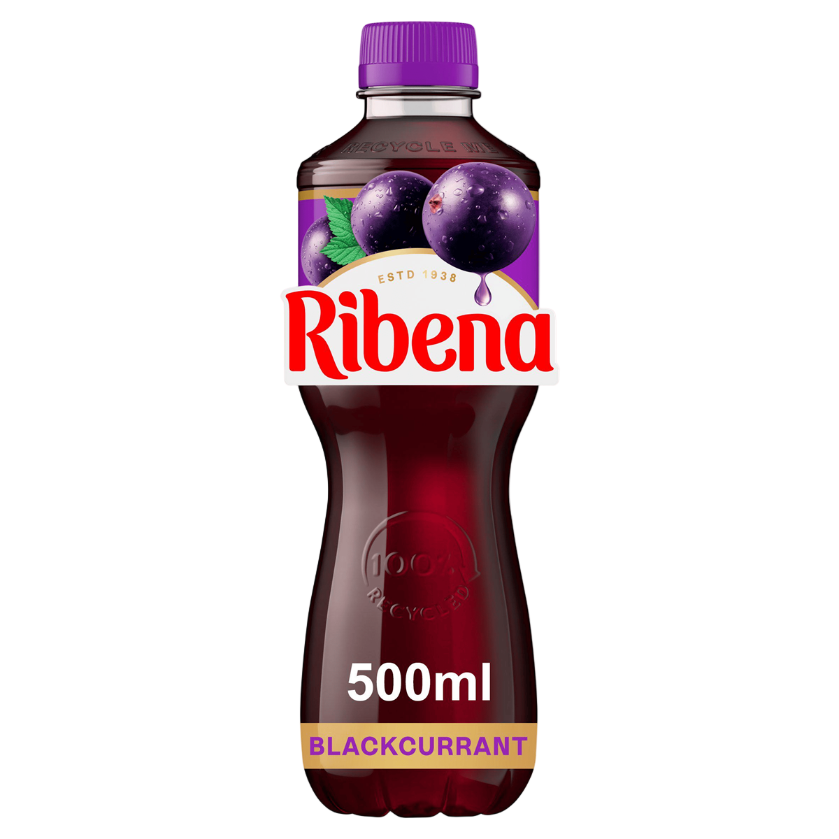 Ribena blackcurrant juice bottle with purple cap on a white background