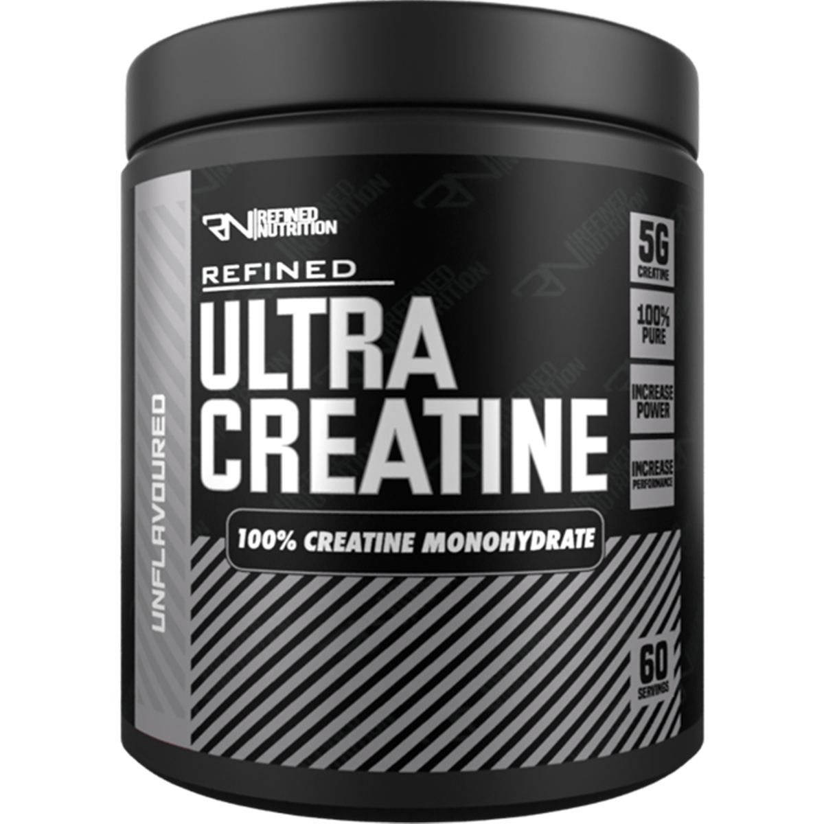 Black container of Refined Nutrition Ultra Creatine with 60 servings for muscle recovery boost