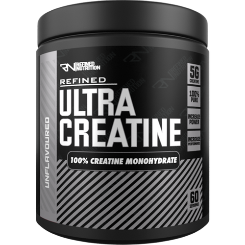 Black container of Refined Nutrition Ultra Creatine with 60 servings for muscle recovery boost