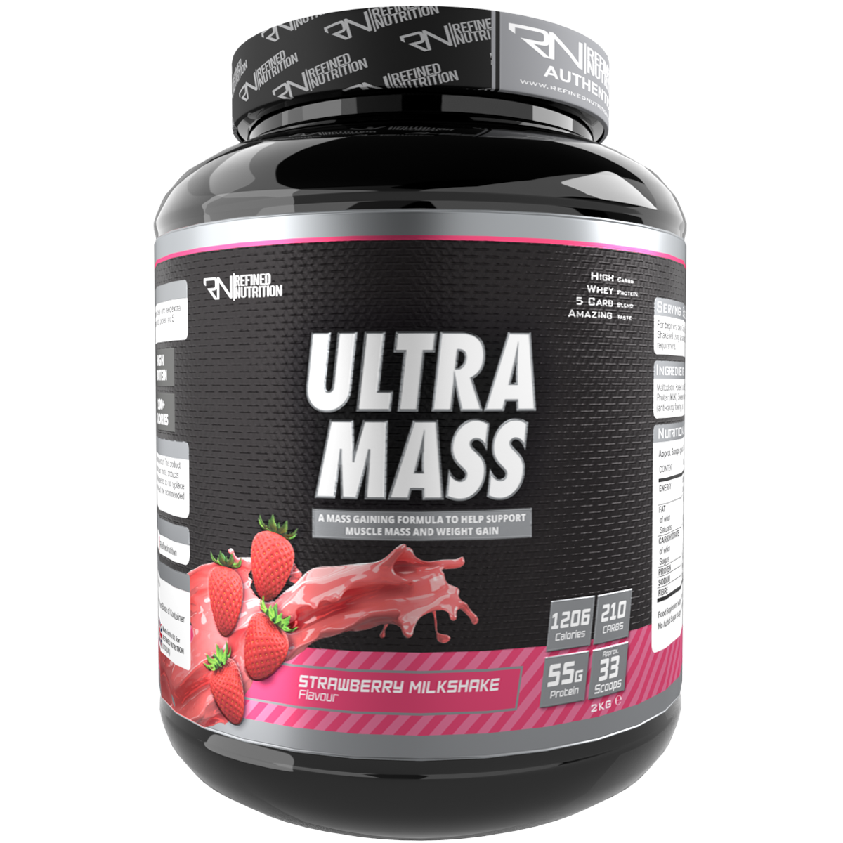 Refined Nutrition Ultra Mass - 2kg / Strawberry Milkshake - Weight Gainer Powder