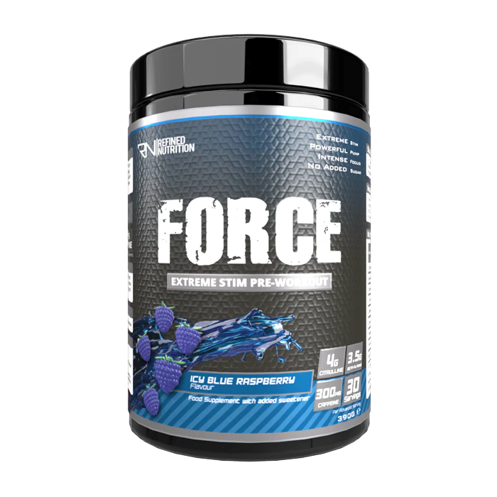 Blue raspberry Refined Nutrition FORCE pre-workout tub for elevated energy and original shots