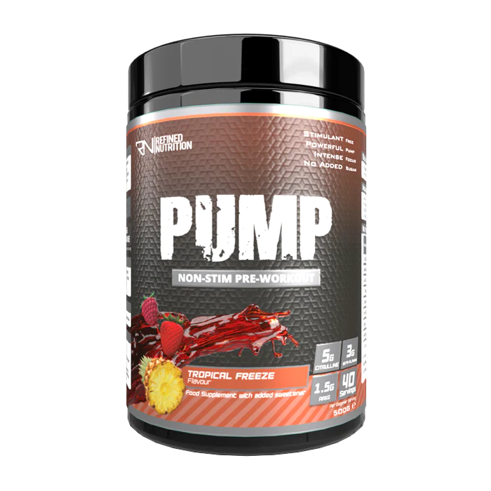 Refined Nutrition PUMP Tropical Freeze flavored non-stimulant pre-workout supplement