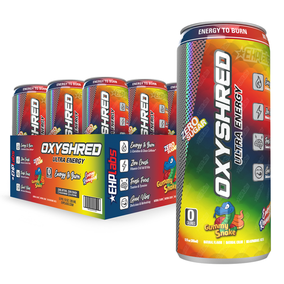 Colorful EHP Labs OxyShred Ultra Energy Drink RTD with Gummy Snake flavor for energy