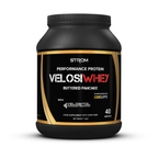 Black Strom Sports VelosiWhey protein tub with gold and black label for muscle boost