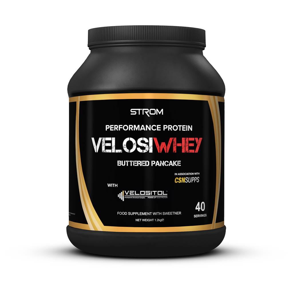 Black Strom Sports VelosiWhey protein tub with gold and black label for muscle boost