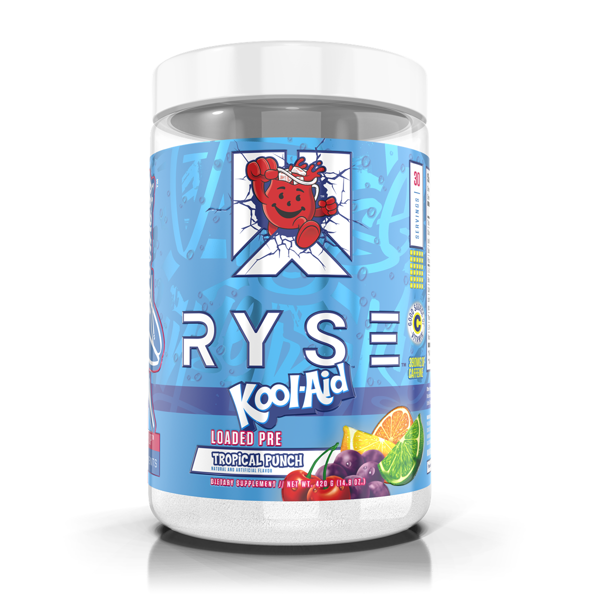 Ryse Loaded Pre-Workout Kool-Aid Tropical Punch with research-backed ingredients in a clear plastic jar