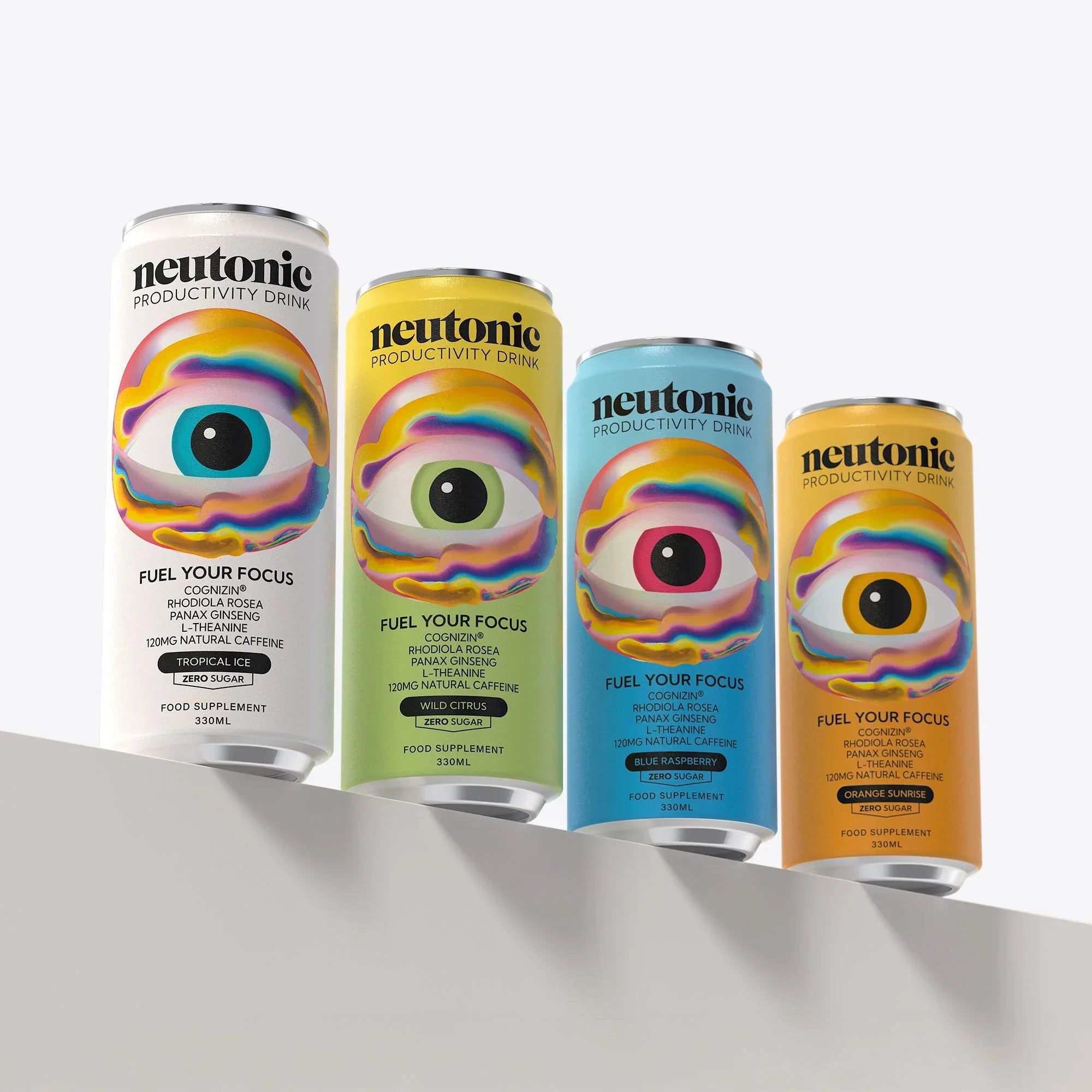Colorful Neutonic Productivity Drink cans with eye-like designs featuring Rhodiola Rosea and Panax Ginseng