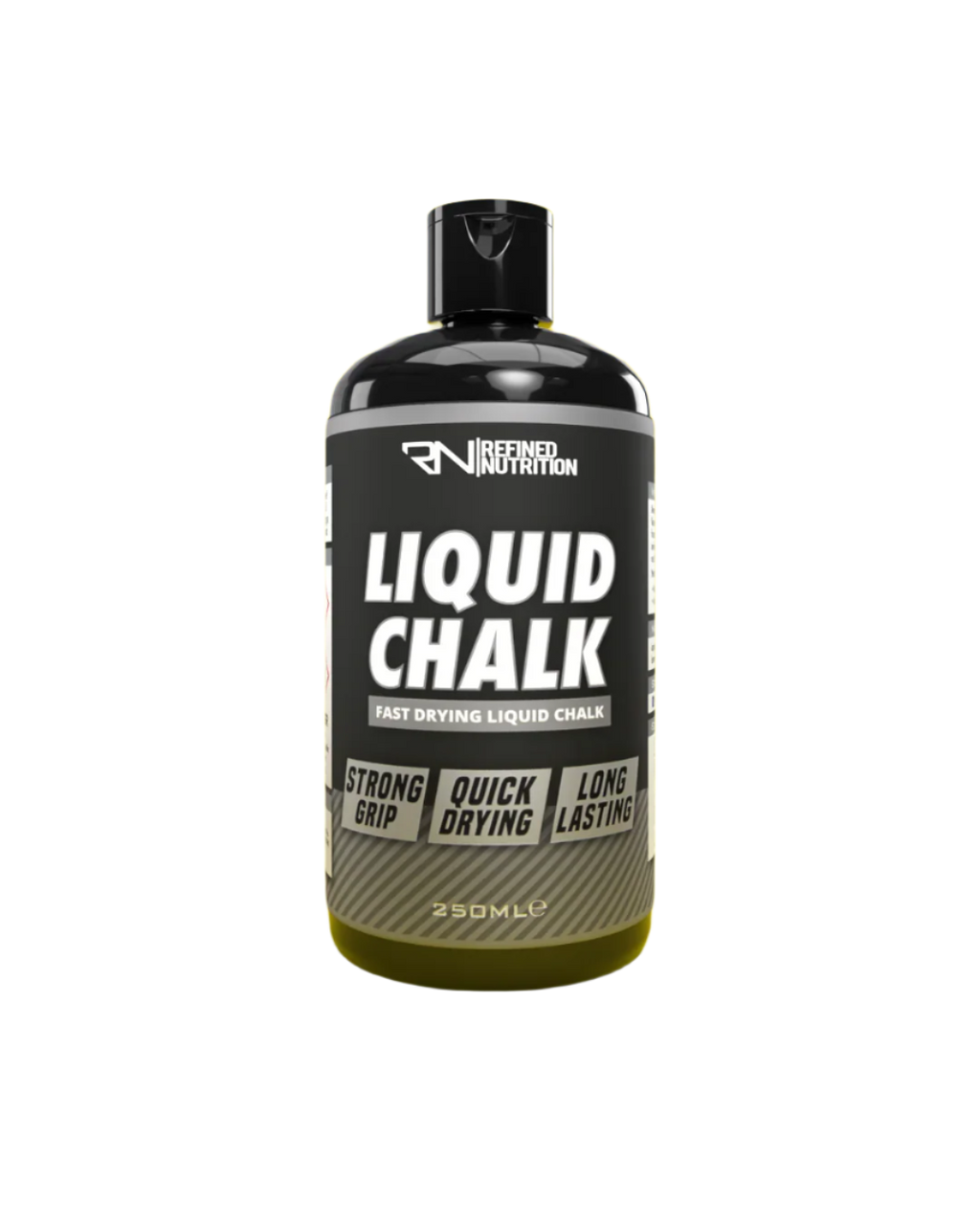 Black bottle of Refined Nutrition Liquid Chalk for elite gripping power and quick drying