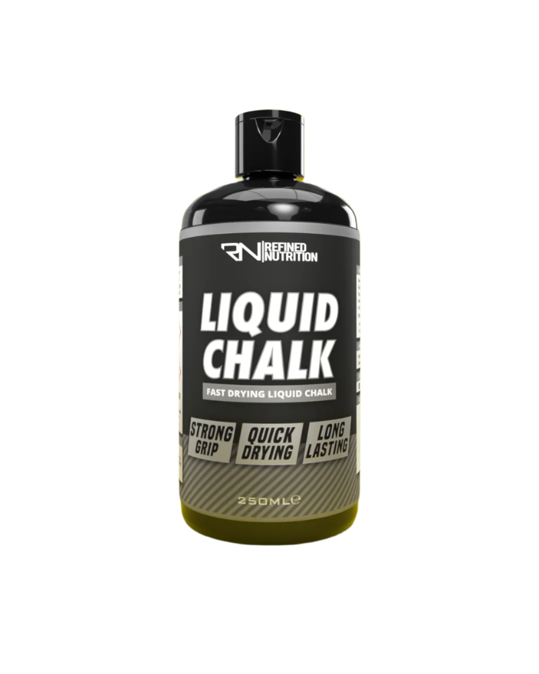 Black bottle of Refined Nutrition Liquid Chalk for elite gripping power and quick drying