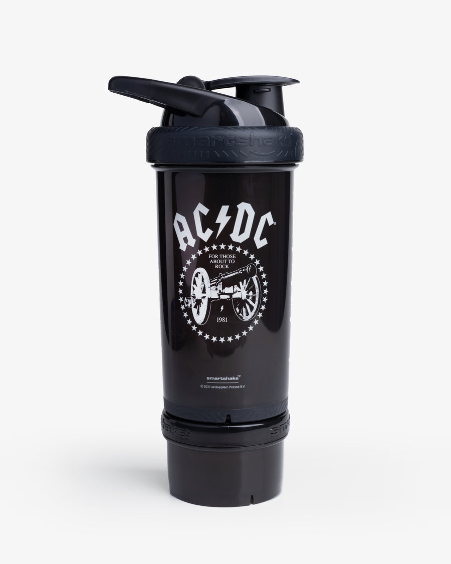 Black AC/DC SmartShake Revive protein shaker with stackable storage and shock-absorbing rubber
