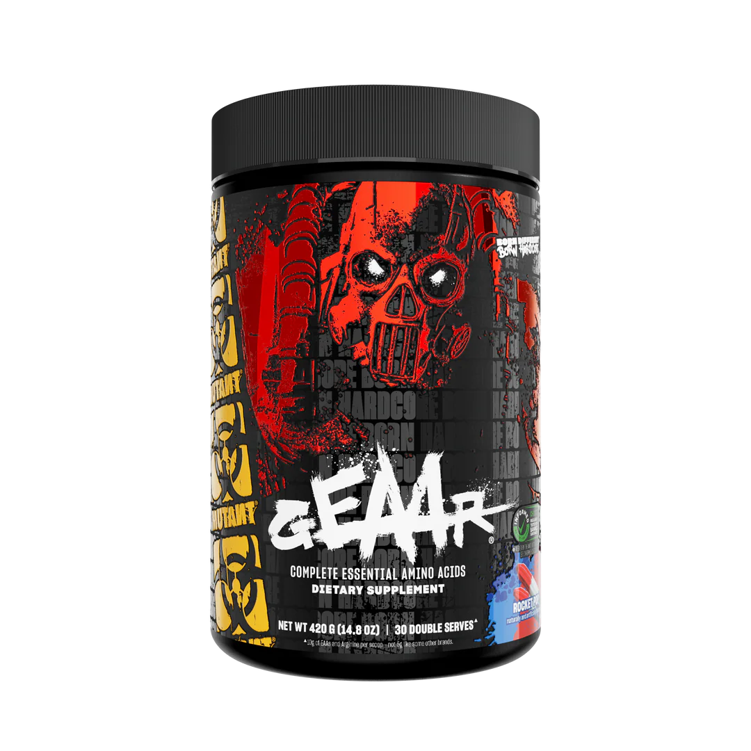 Supplement container with 'GEAR' branding on a white background