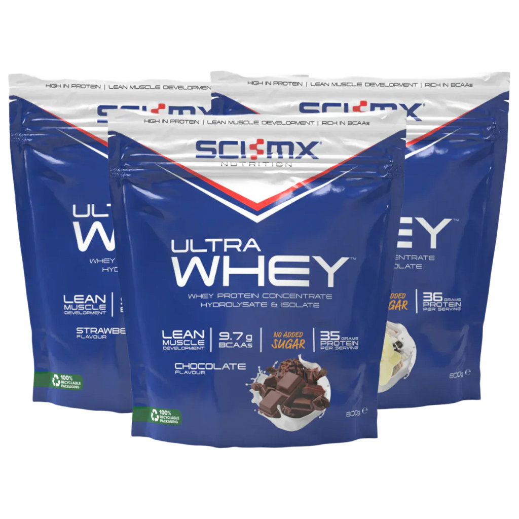 Three sci-mx ultra whey protein pouches with ultra whey chocolate flavor in front