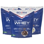 Three sci-mx ultra whey protein pouches with ultra whey chocolate flavor in front