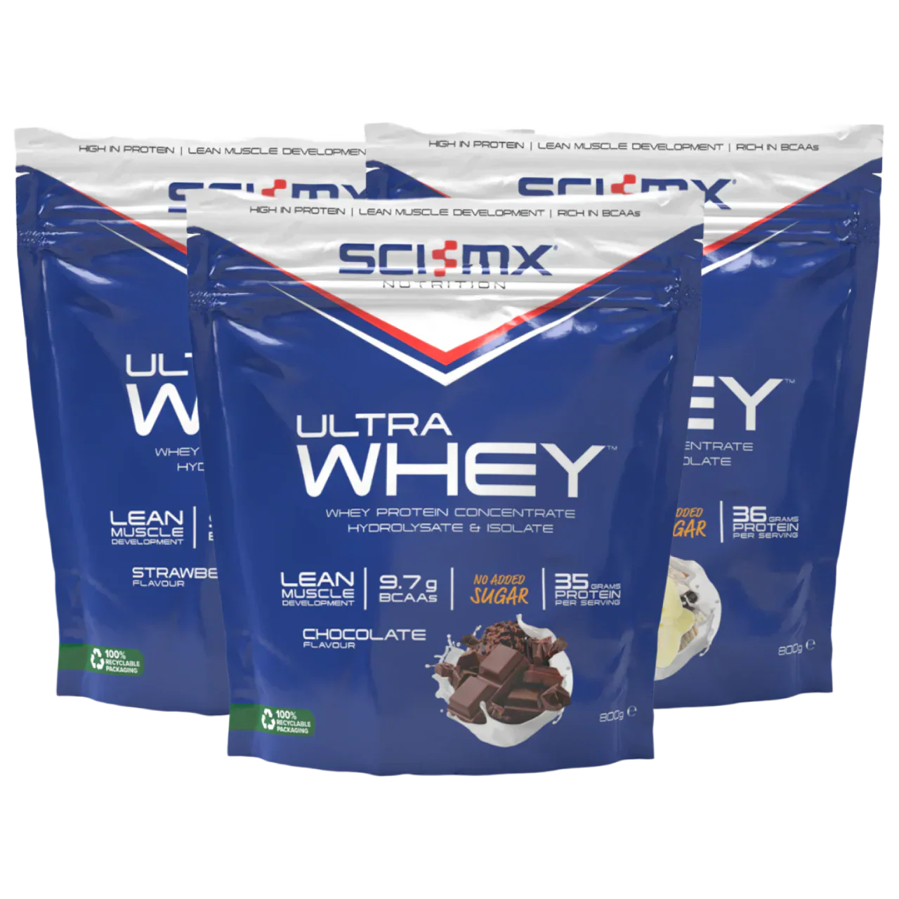 Three sci-mx ultra whey protein pouches with ultra whey chocolate flavor in front