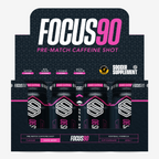 Display box of Focus 90 pre-match caffeinated shots in mixed berry flavor for soccer supplement focus