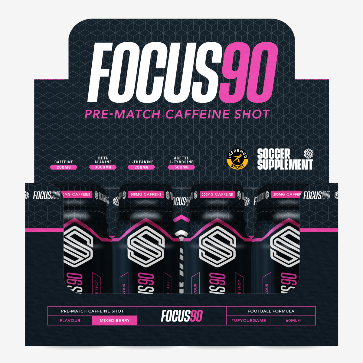 Display box of Focus 90 pre-match caffeinated shots in mixed berry flavor for soccer supplement focus
