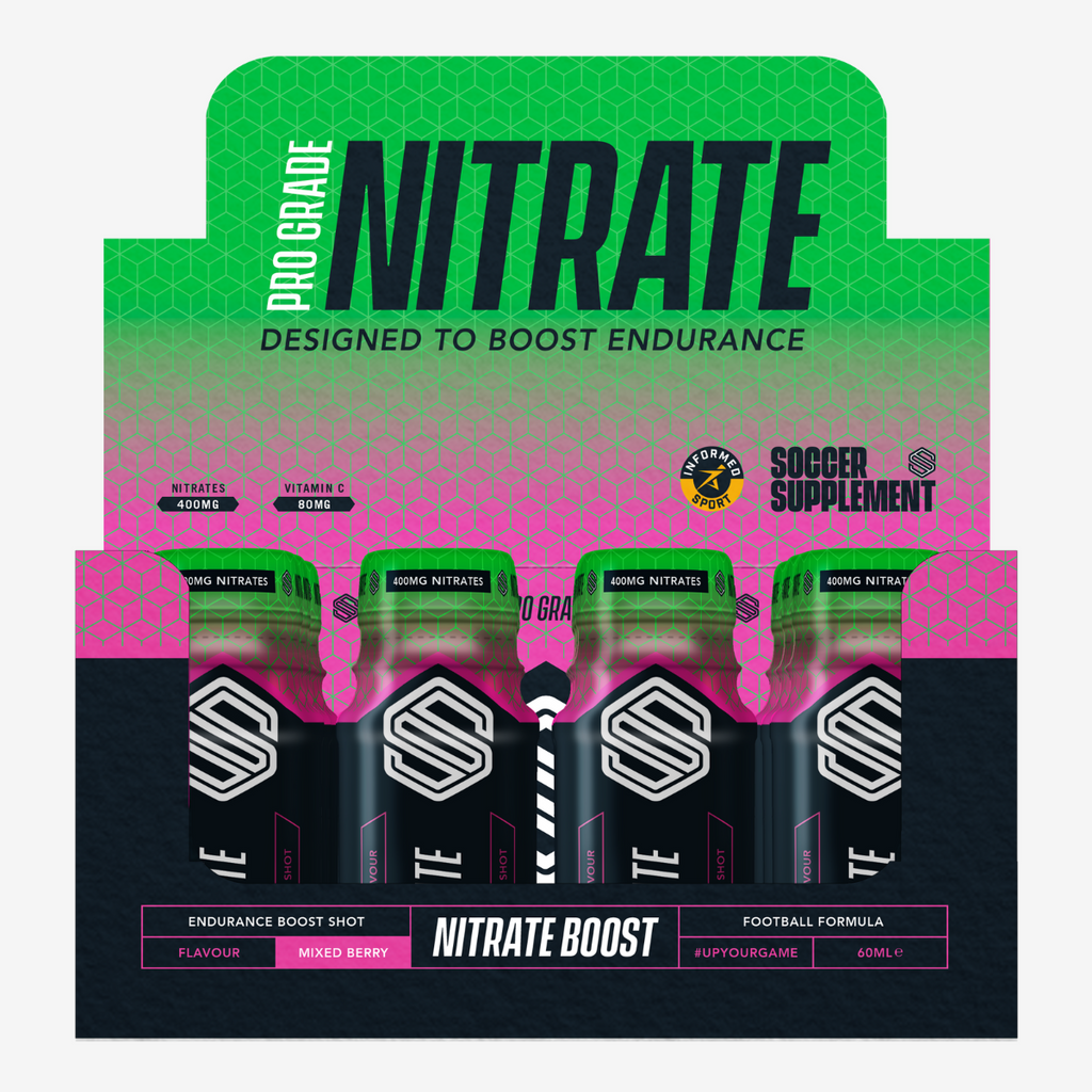 Multi-pack of Soccer Supplement Nitrate Shots in small dark bottles with green caps for athletic performance