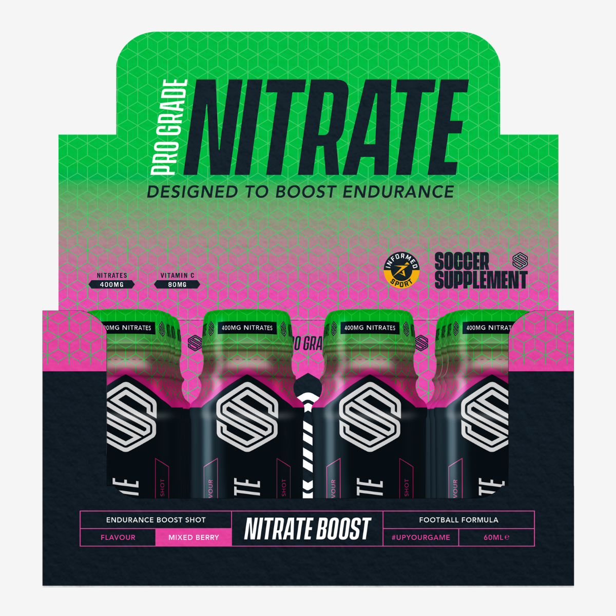 Multi-pack of Soccer Supplement Nitrate Shots in small dark bottles with green caps for athletic performance