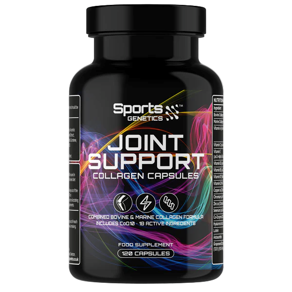 Black bottle of Sports Genetics Joint Support Collagen Capsules on a white background
