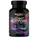 Black bottle of Sports Genetics Joint Support Collagen Capsules on a white background