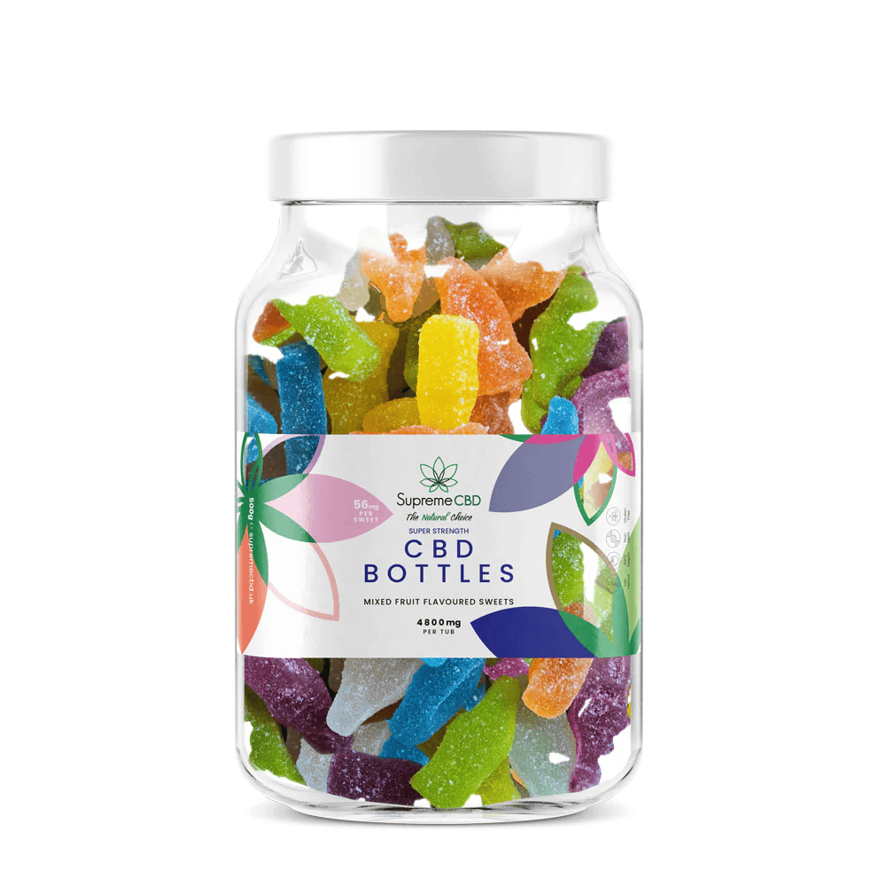 Clear plastic jar with white lid filled with colorful super strength CBD gummies large tub