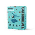 SURREAL Protein Cereal box with cartoon character breaking a chocolate bar on teal background
