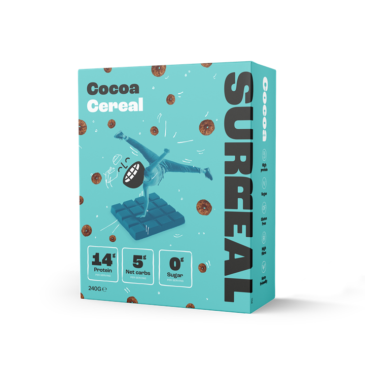 SURREAL Protein Cereal box with cartoon character breaking a chocolate bar on teal background