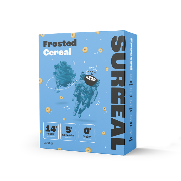 Light blue Surreal Protein Cereal box with astronaut, showing protein, net carbs, sugar info