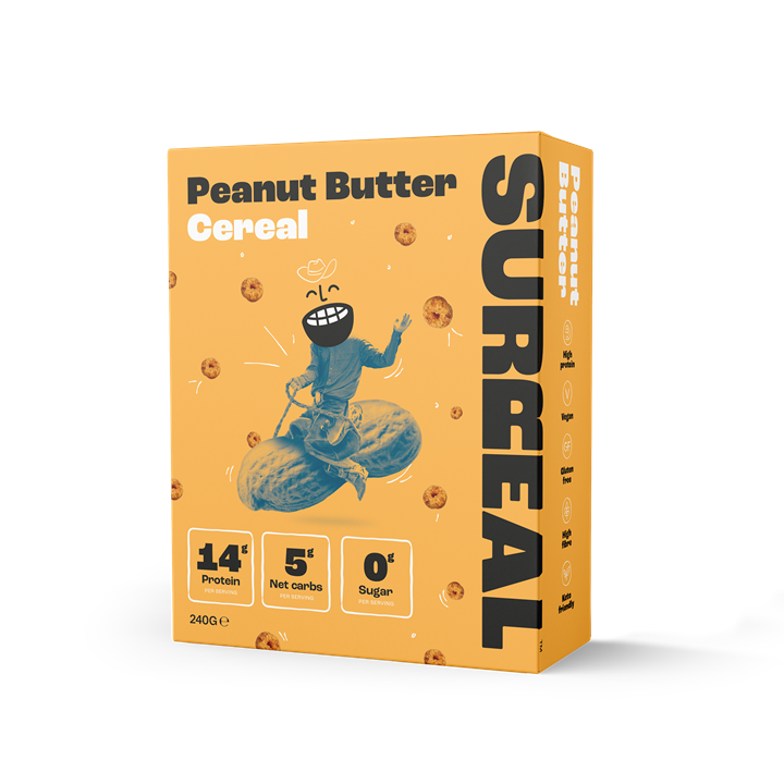 SURREAL Protein Cereal box with 14g protein, 5g net carbs, 0g sugar, healthy surreal protein cereal