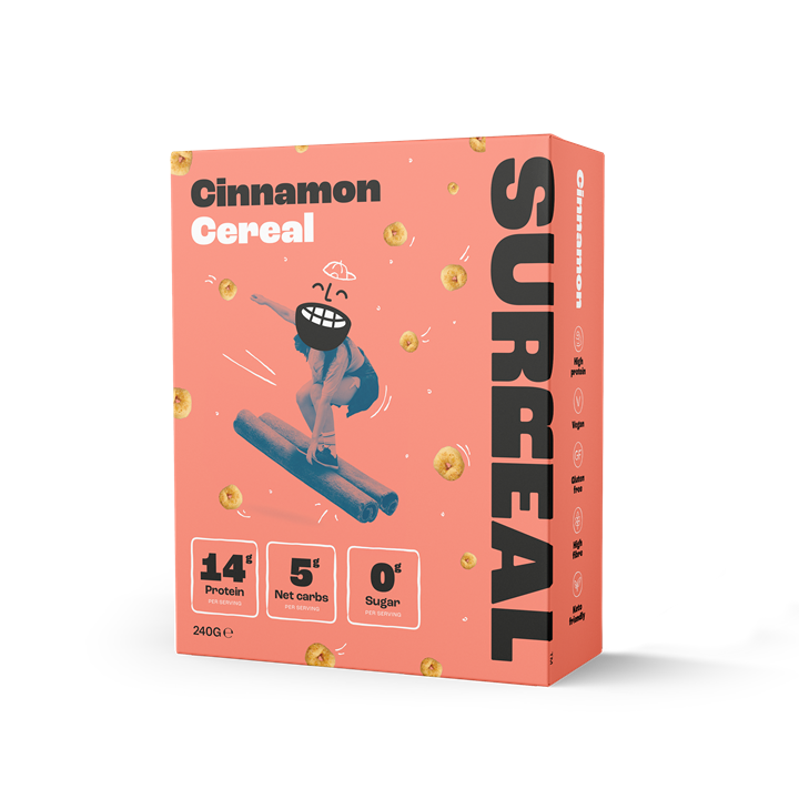 Box of Surreal Protein Cereal with cinnamon flavor for a tasty breakfast boost