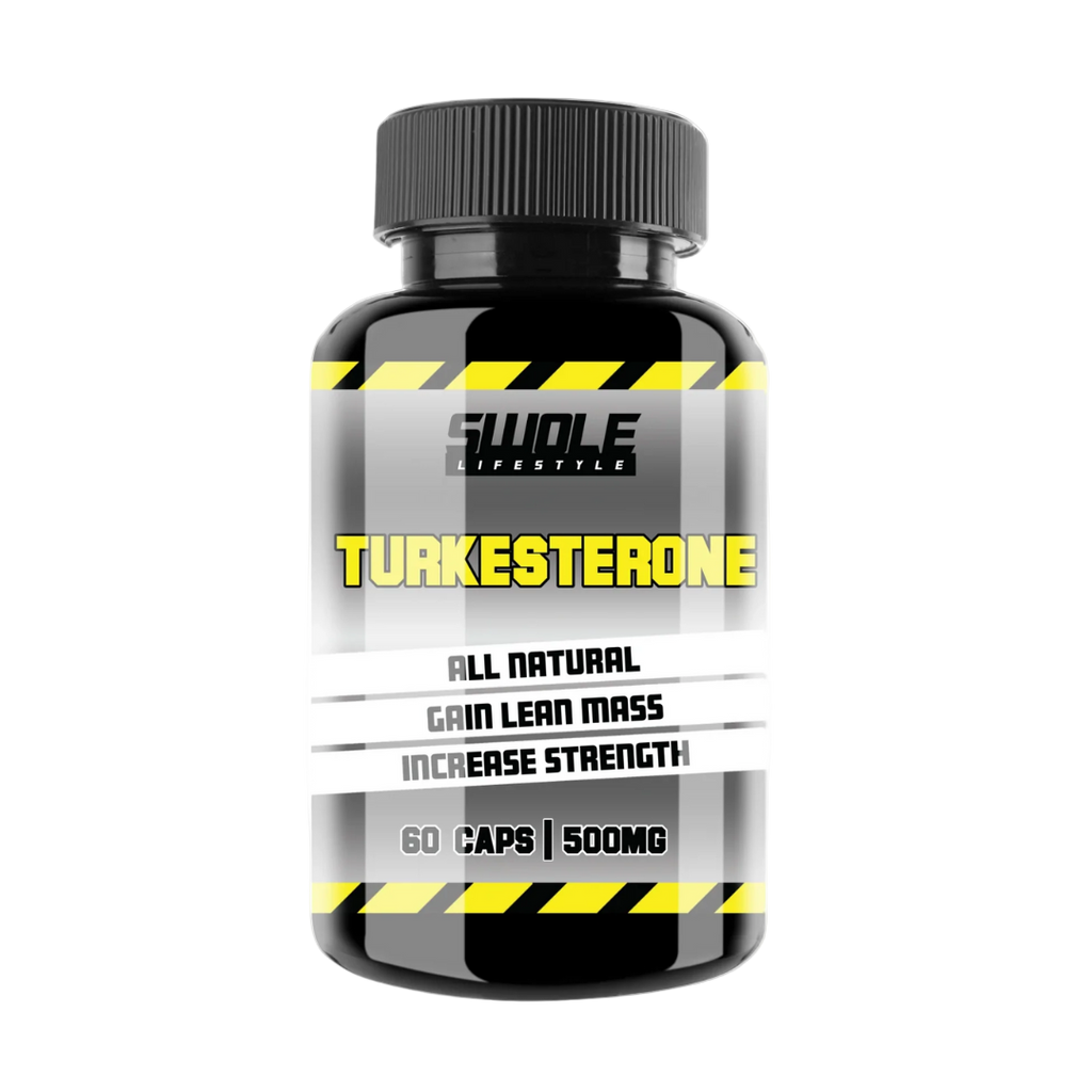 Supplement bottle labeled 'Turkesterone' with black and yellow design on a white background