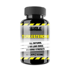 Supplement bottle labeled 'Turkesterone' with black and yellow design on a white background