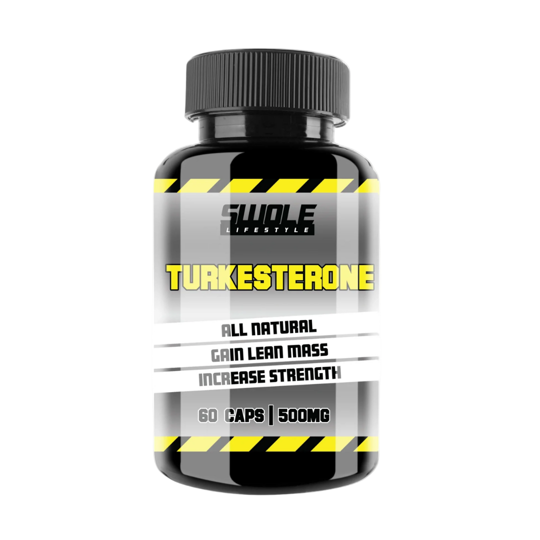 Supplement bottle labeled 'Turkesterone' with black and yellow design on a white background