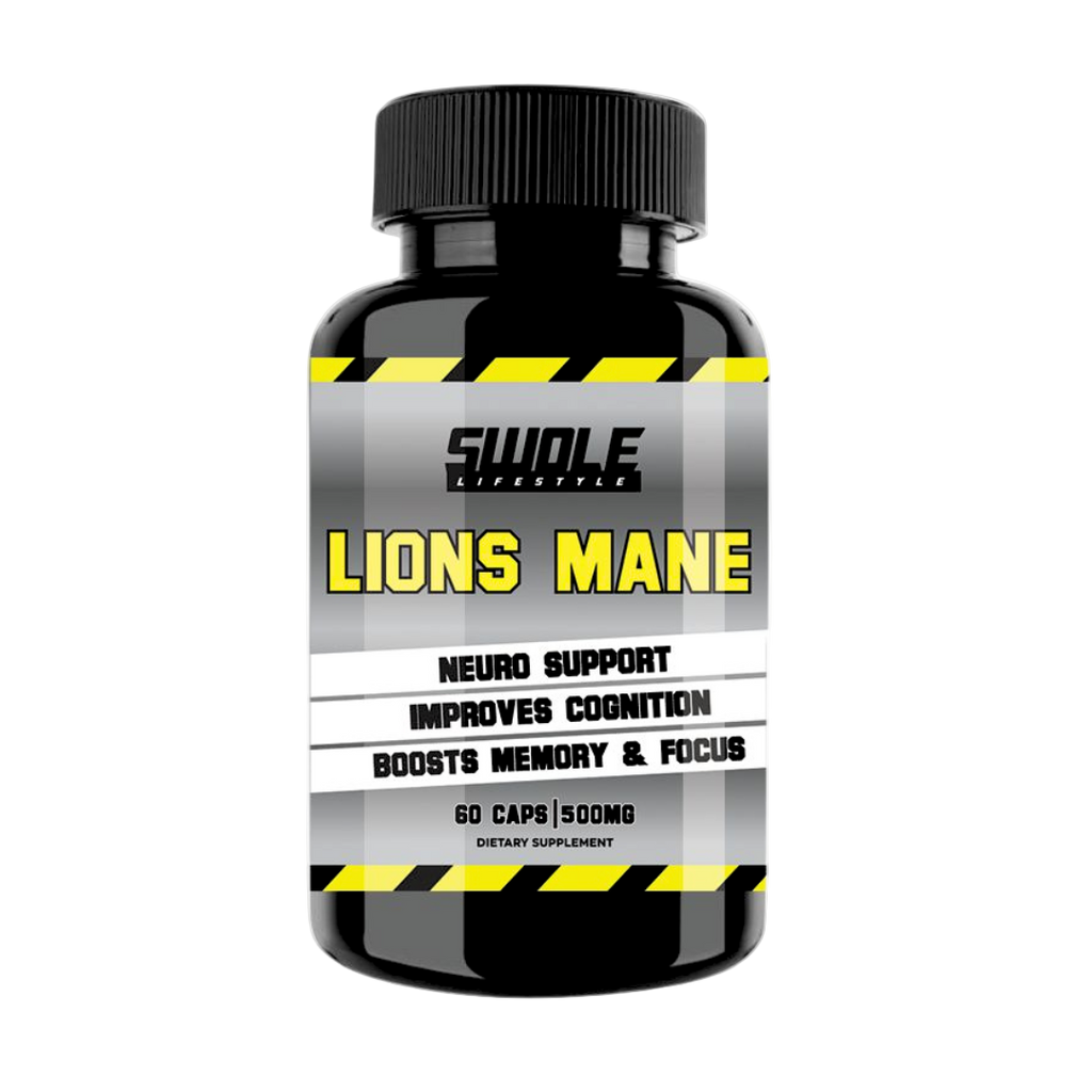 Supplement bottle labeled 'Lions Mane' with black and yellow design on a white background