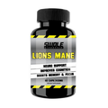 Supplement bottle labeled 'Lions Mane' with black and yellow design on a white background