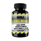 Supplement bottle labeled 'Lions Mane' with black and yellow design on a white background