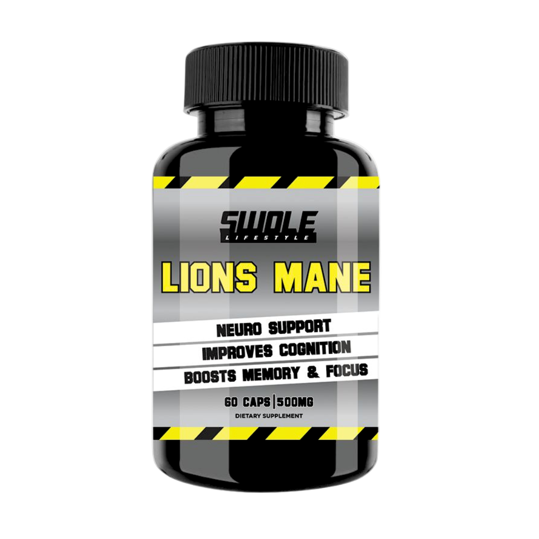 Supplement bottle labeled 'Lions Mane' with black and yellow design on a white background