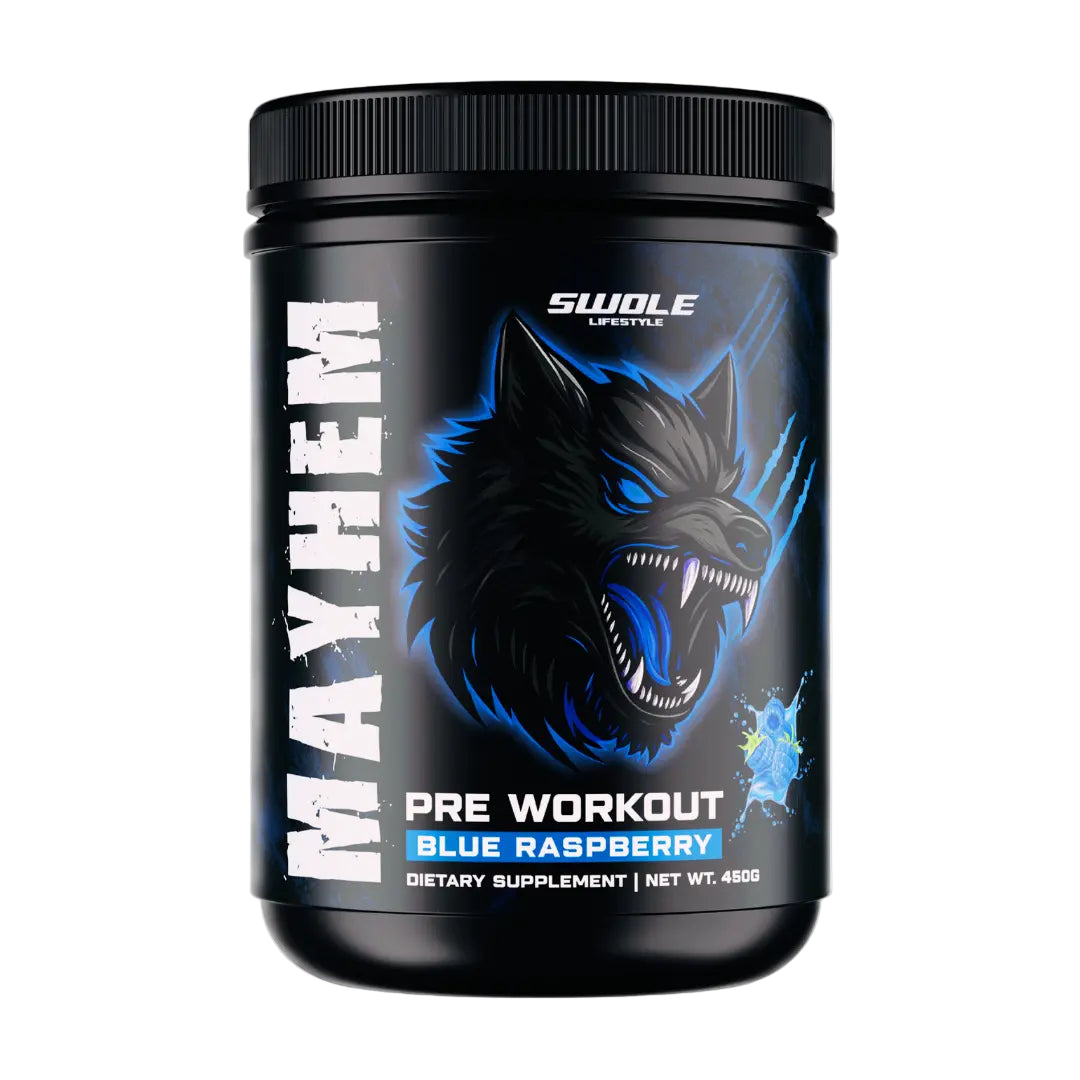 Pre workout supplement container with wolf design on a white background